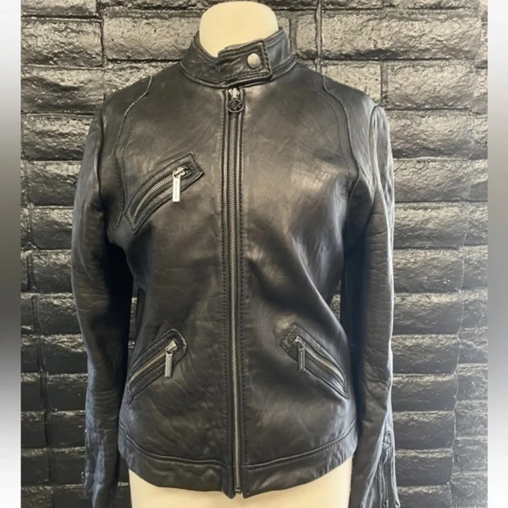 MICHAEL KORS BLACK LEATHER CAFE RACER MOTO JACKET L - Picture 2 of 9